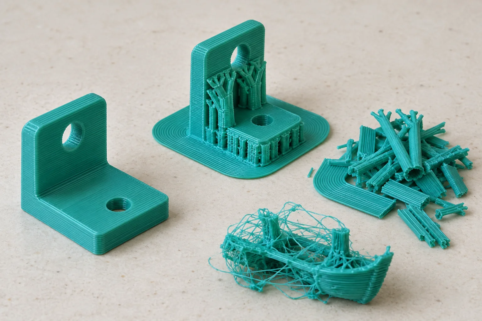 AI-generated illustration of a finished teal FDM bracket, a bracket on supports, removed supports and an unusable failed print.