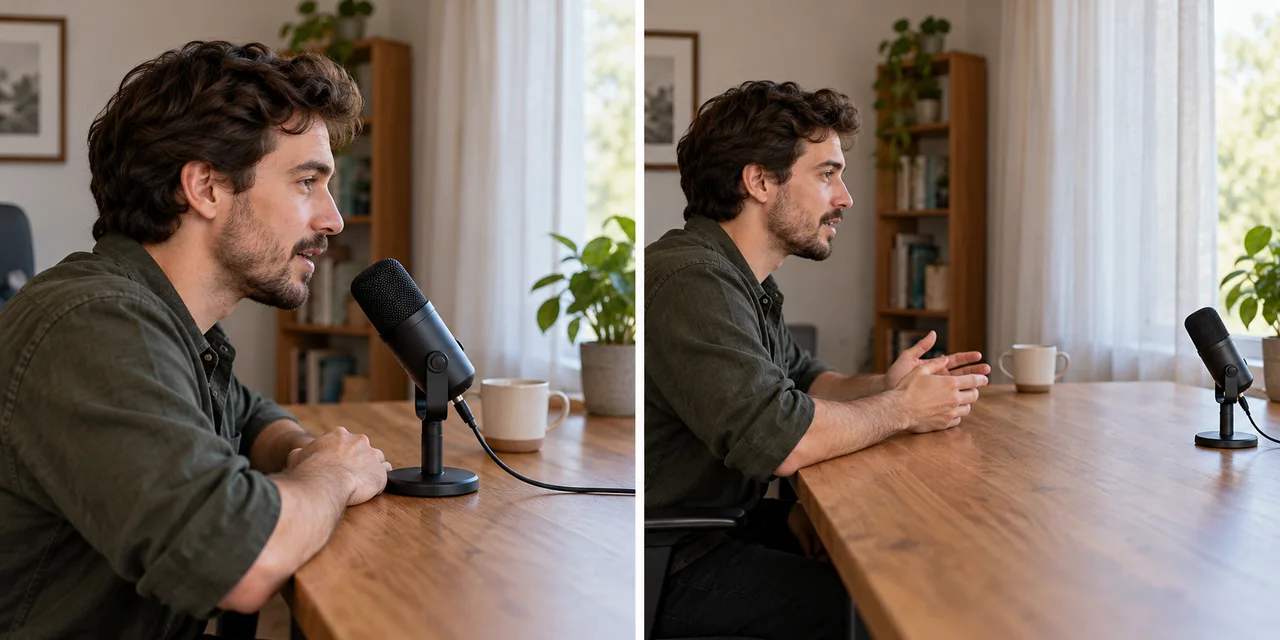 Illustrated comparison of a microphone close to a speaker and farther away across the same desk.