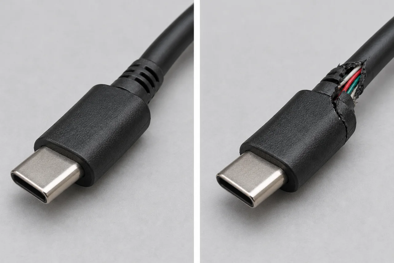 Comparação ilustrada entre um cabo intacto e uma capa rompida com fios expostos.