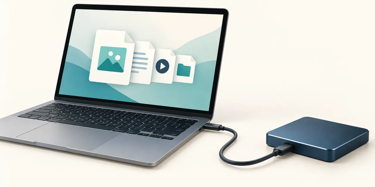 Ilustração gerada por IA de um notebook conectado por um cabo a uma unidade externa.