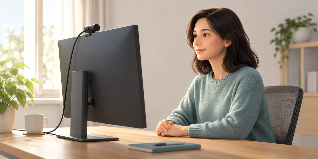 AI-generated illustration of a person facing a monitor-mounted webcam with window light from the front side.